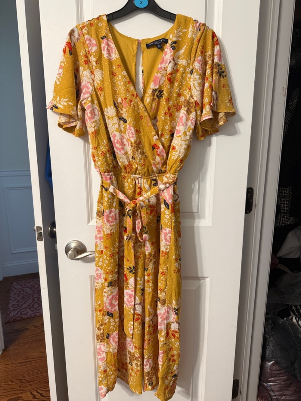 one clothing Mustard Floral Tie-Front Midi Dress